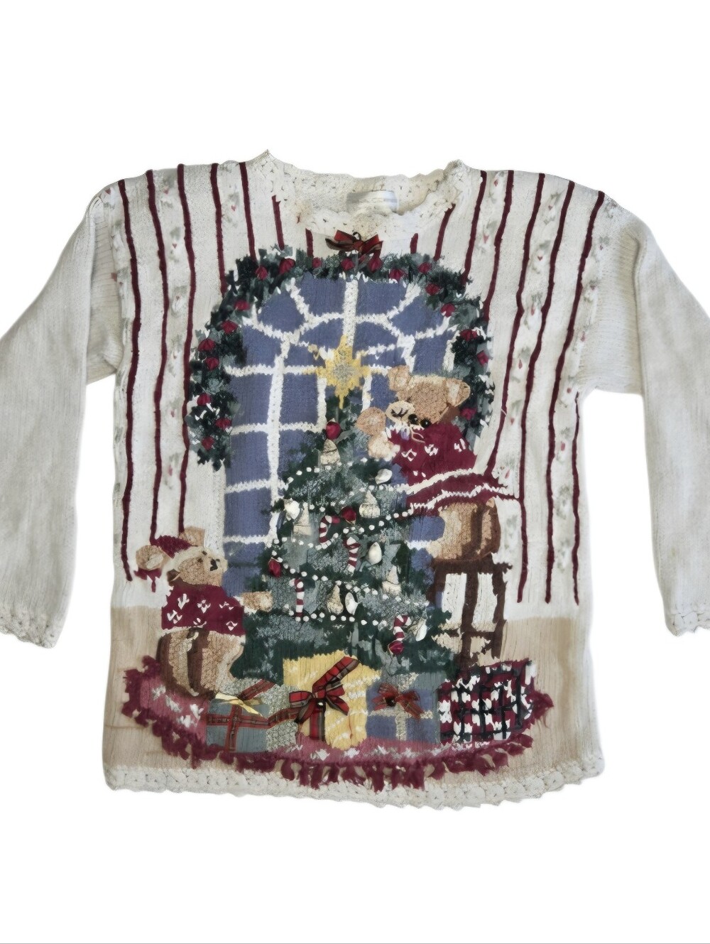 Vintage 90s Christmas Knit Grandma Sweater 3D Bows Bells Bears Tree Small